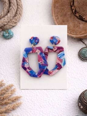 Blue & Pink Marbled Geometric Statement Earrings